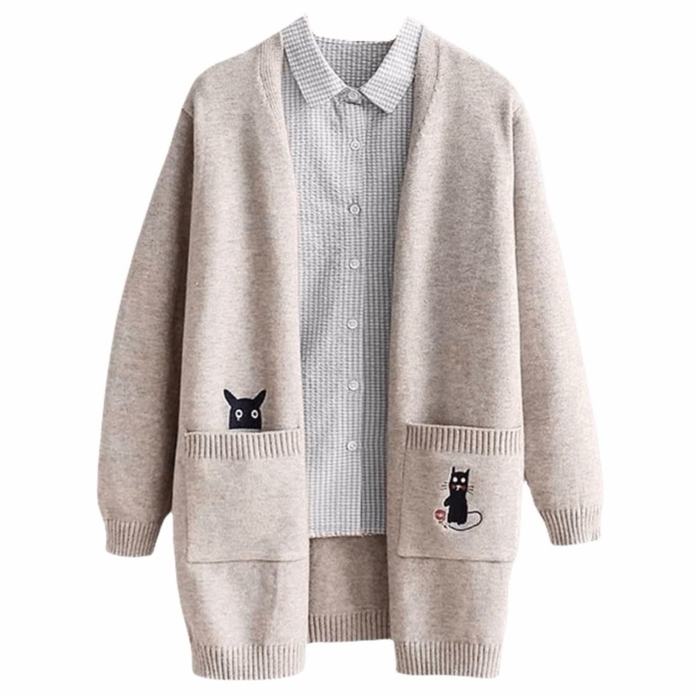 Embroidered Open Cardigan Beige Tan Knit Sweater XL cartoon characters anime